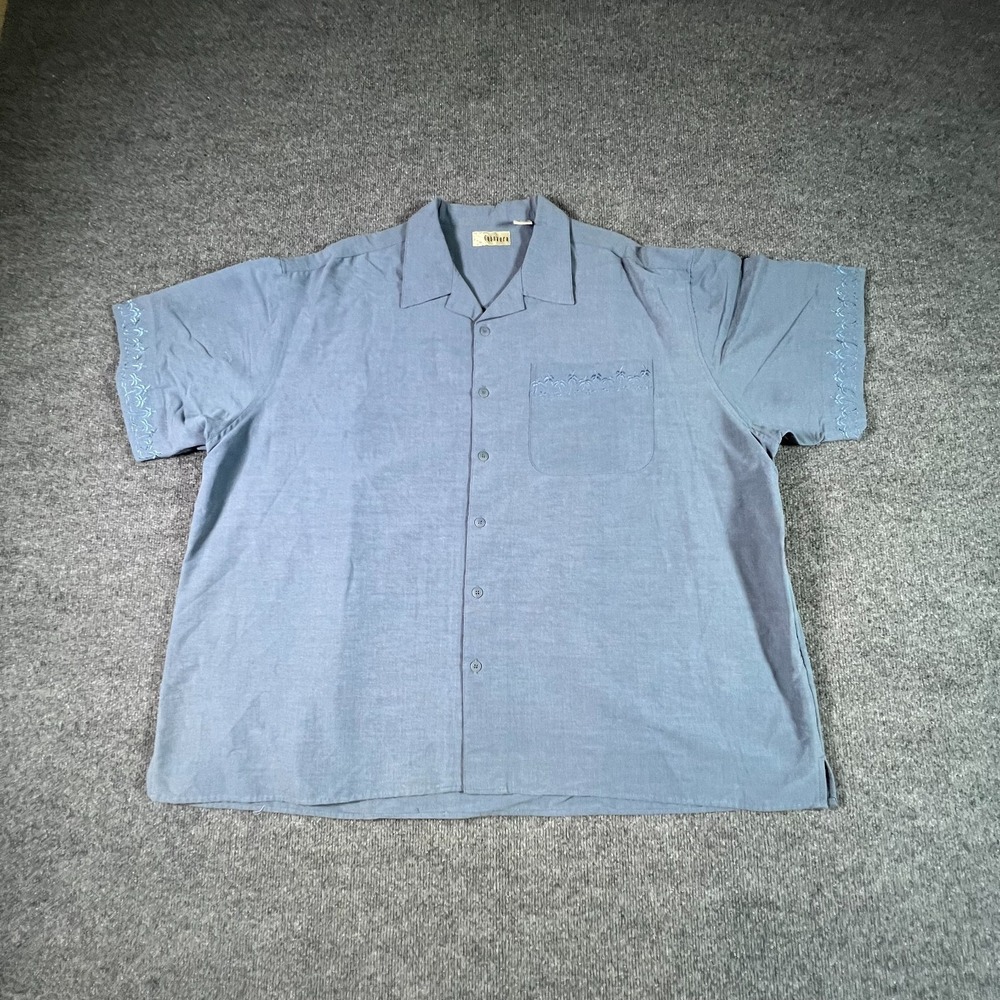 Cubavera Womens 3X Blue Viscose Linen Button Up Shirt Short Sleeve Preppy Office